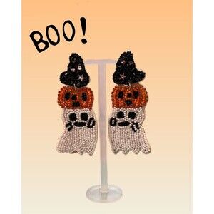 NEW Sequin Beaded Spooky Ghost Halloween Pumpkin Dangle Earrings